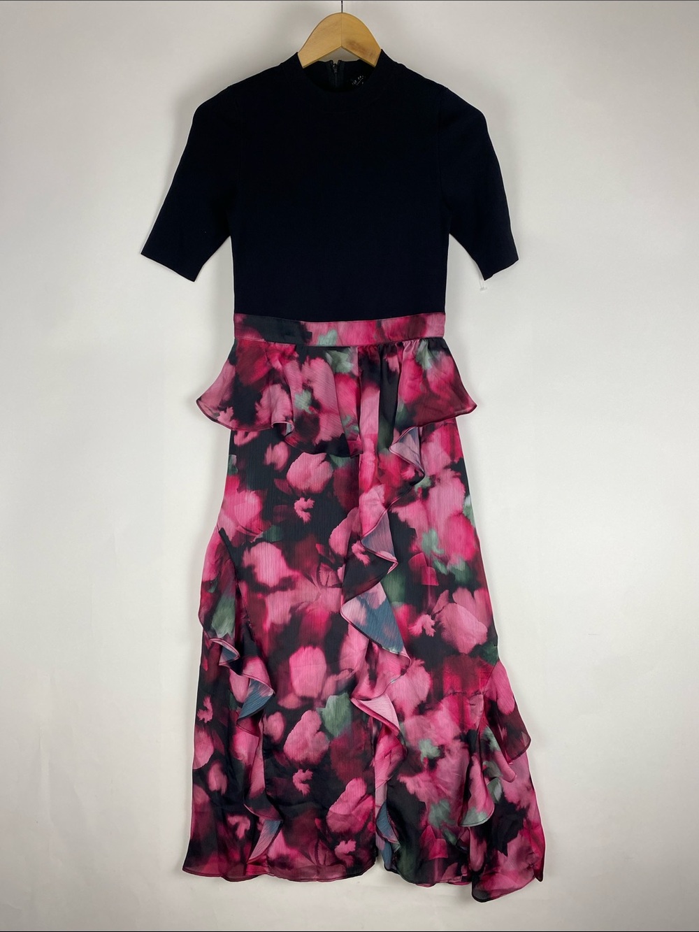 New Ted Baker Darciia Fitted KnitBodice Dress with Ruffle Skirt Women's 2 Black